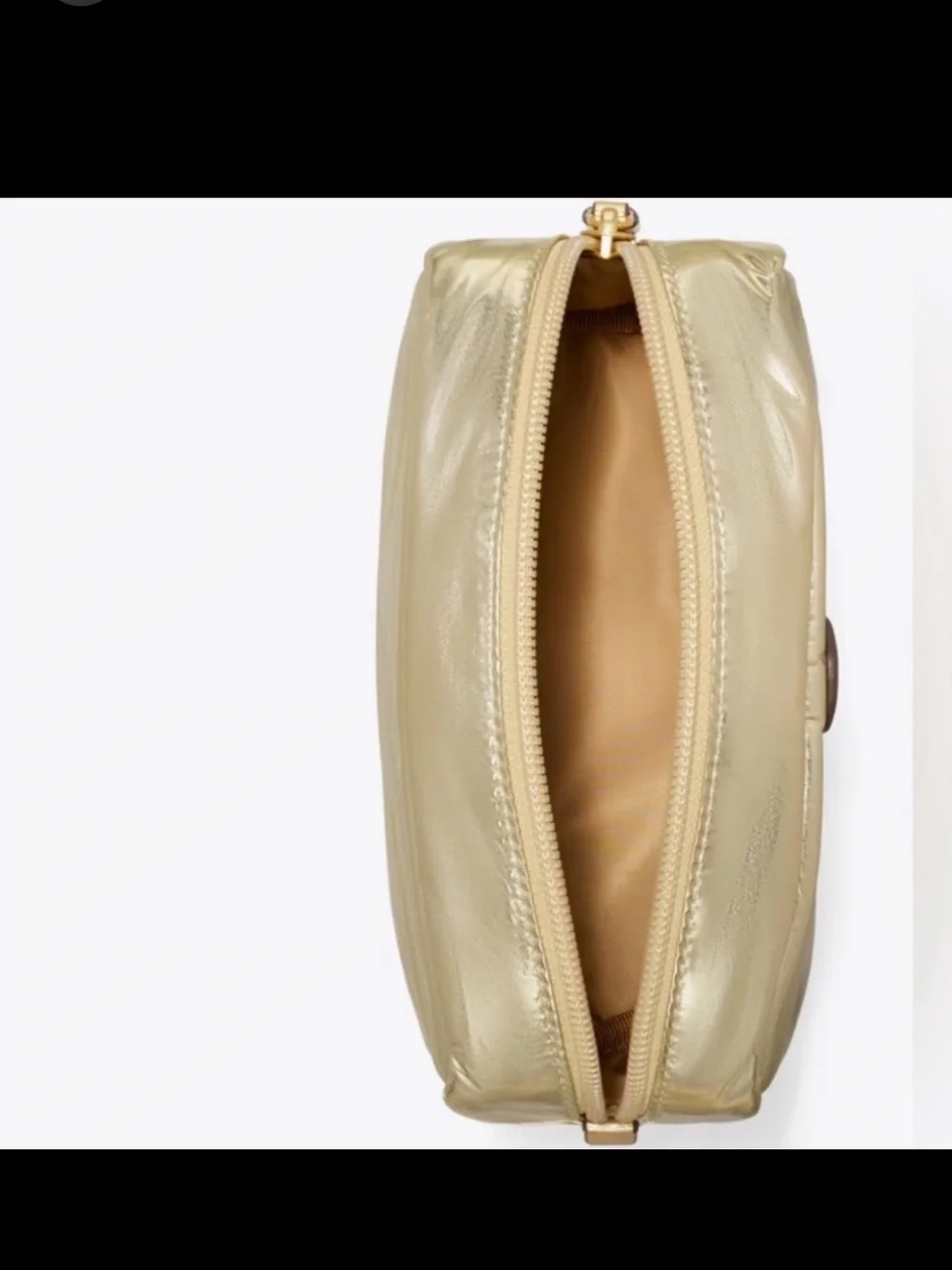 NWT! Tory Burch Metallic Pale Gold Logo Cosmetic Case